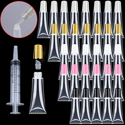 15ml Lip Gloss Empty Tubes Containers, 50 Pcs Travel Empty Bottle Refillable Soft Cosmetic Squeeze Tubes with 1 Pack Free Syringe for DIY Lip Gloss Balm Cosmetic (5 Colors)