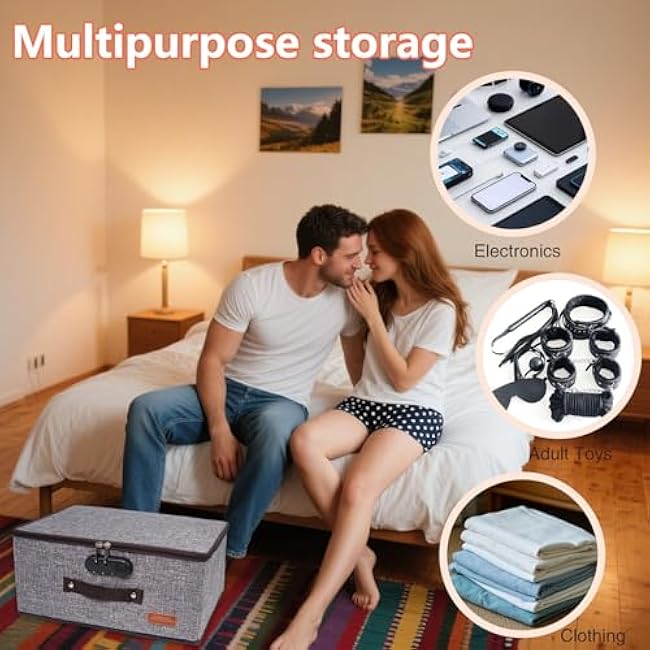 Lockable Adult Toy Storage Organizer Lock Box Toy bags container case with 4 Drawstring Bags, Large capacity 14 x 10 x 6.3 Inches Lockable Box Travel Home Container (Gray)