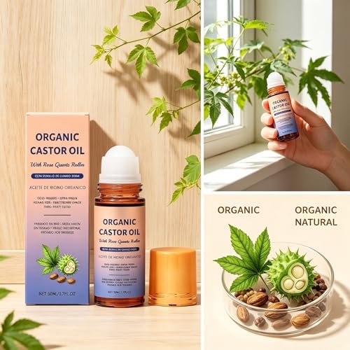Jianeil Organic Castor Oil with Rose Quartz Roller, Pure Cold-Pressed, Organic Castor Oil Roll On Rose Quartz, Hexane-Free,Amber Glass Bottle for Skin 1.7oz (1 PCS) — view 6