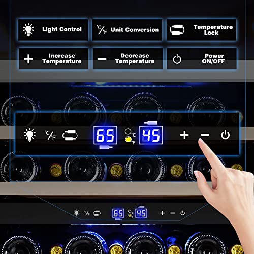 Image of Tylza 24'' Wine Fridge, Dual Zone Wine Refrigerator, 54 Bottles, Lock, Glass Door, Built-in Compressor, 6 Adjustable Shelves, Undercounter or Freestanding, Wine Cooler Refrigerator for Home Bar Office