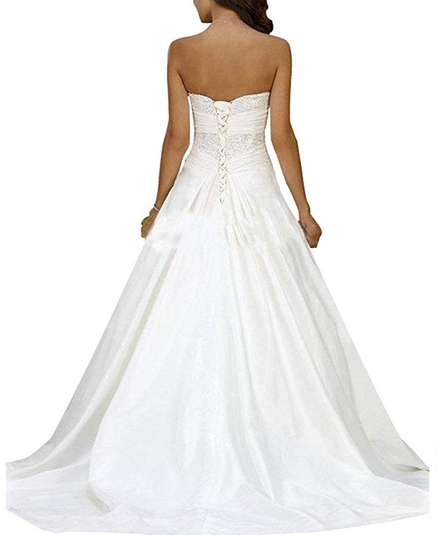 Romantic-Fashion Brautkleid Hochzeitskleid A-Linie Lang Satin Trägerlos Perlen Pailletten, LNNLSS, Weiß, 36