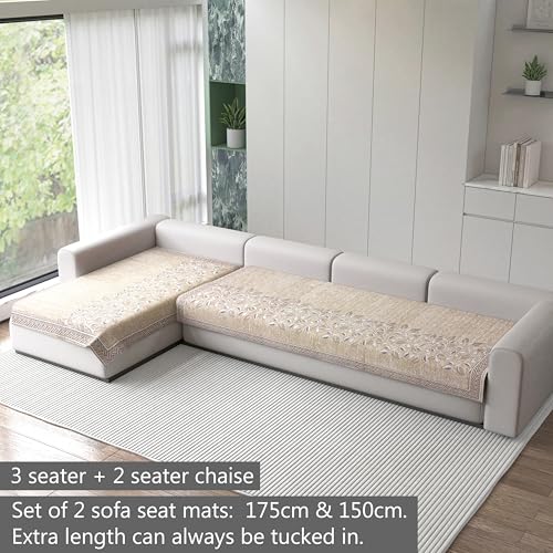 Image of Nendle Superior Velvet Floral Sofa Mat 5 Seater Set Durable Protector for Living Room Mat 3 Seater and 2 Seater, Suitable for L Shape, Sectional and U Shape Sofa (Beige, Pack of 2)