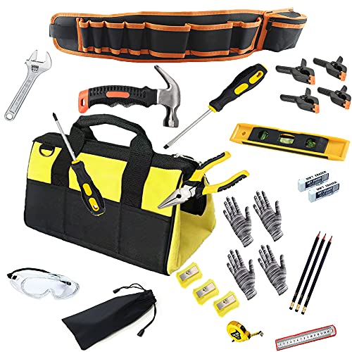 QeeHeng Ensemble d'outils pour enfants, sac à outils main en métal véritable, réels le bricolage, jeu professionnel et travail du bois, portable pratique...