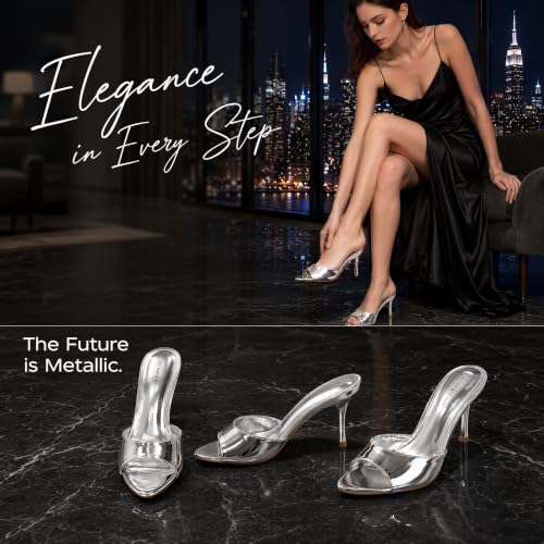 Image of On feet& in love Women's Slip-On Stiletto Heel Mule Sandals, Peep Toe, apricot, 2.95 Inch Heel, Casual Party Wedding Slides