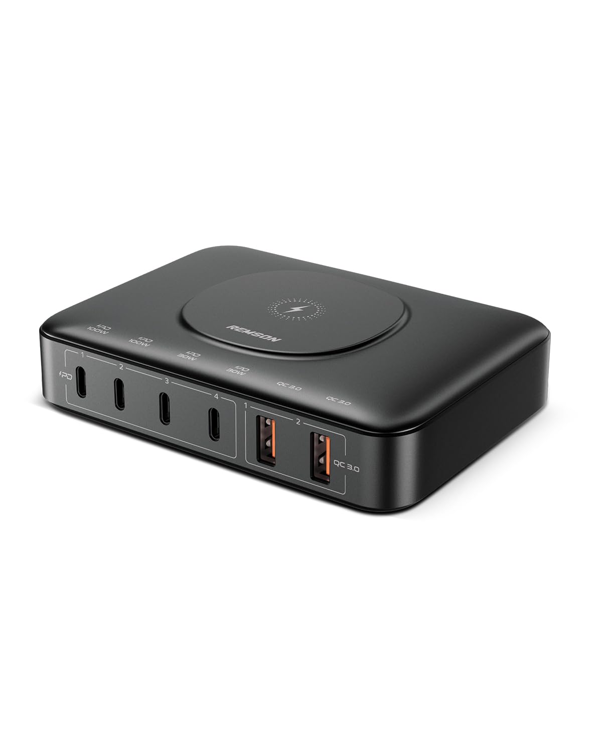 Remson 100W GaN Desktop Charger Portable Charging Station with 15W Wireless Charging, 4 PD USB-C and 2 QC USB-A Multiport for iPhone 14, 13, MacBook Pro, and More Electronic Devices