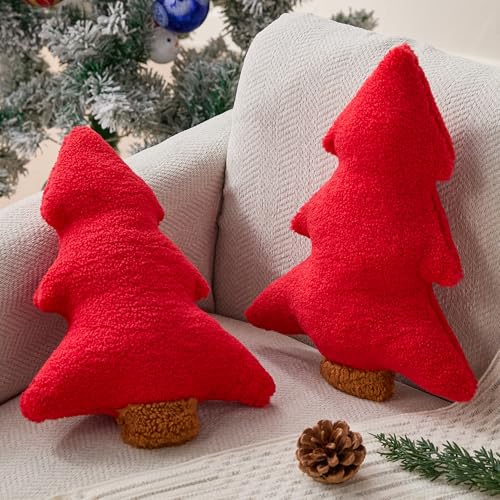 Image of Allorry Christmas Pillows Set of 2 Red Christmas Tree Shaped Soft Plush Christmas Decor Pillow for Party Xmas Winter Holiday Home Sofa Cushion Cases WL-006D