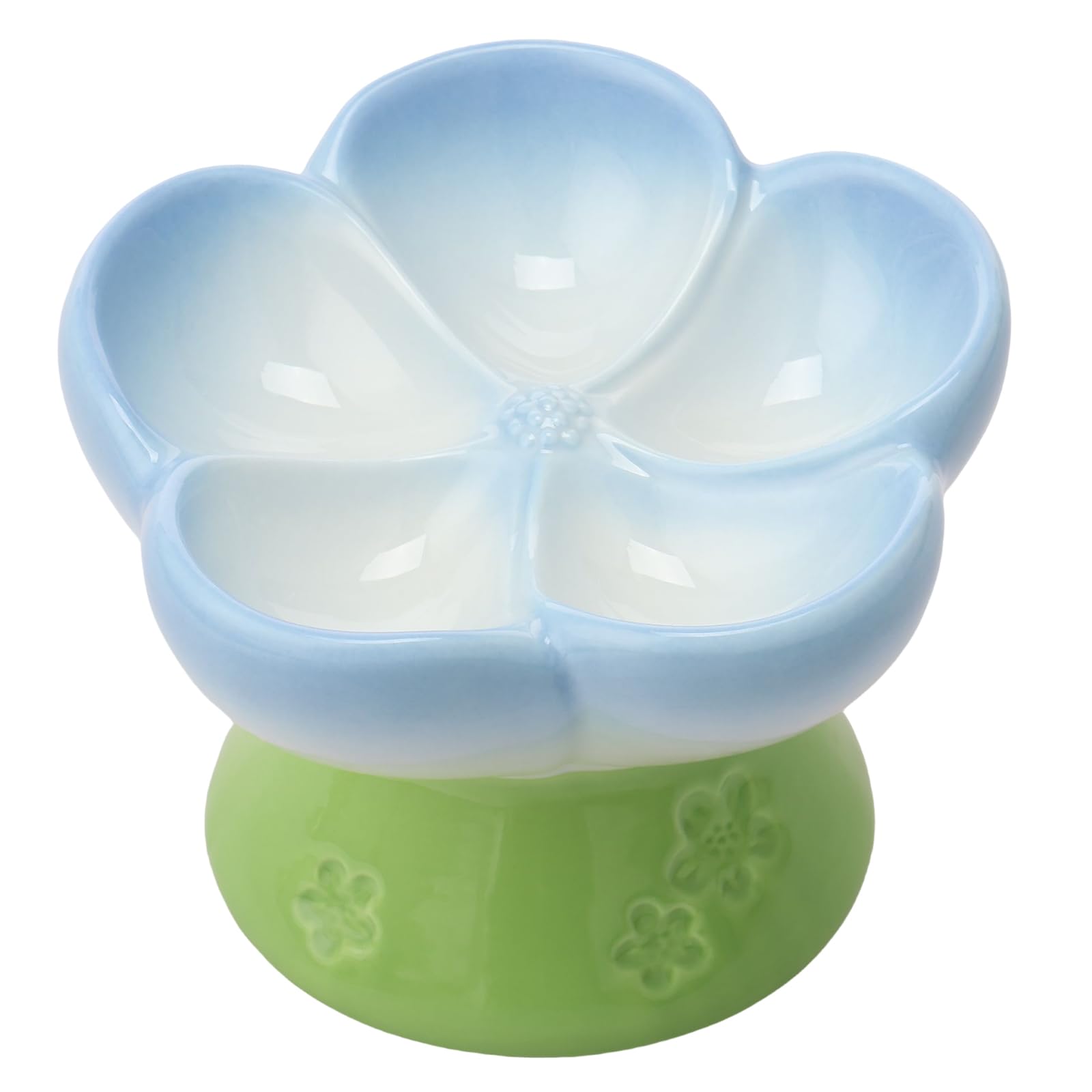 MENIBBLER Ceramic Raised Slow Feeder Dog Bowl for Dry Wet Food, Flower Shaped Raised Slow Feeder Cat Bowl, Smooth Surface Elevated Food for Small Cat Dog(Blue)