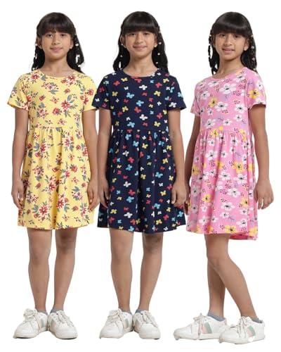 Image of T2F Girls Printed Cotton Casual Knee-Length Dress(Pack of 3)