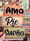 listones de madera medidas comerciales Hecho a mando Cuadro de madera con frases y mensajes positivos e inspiradores para decorar el hogar y regalar\"Ama, ríe, sueña\"