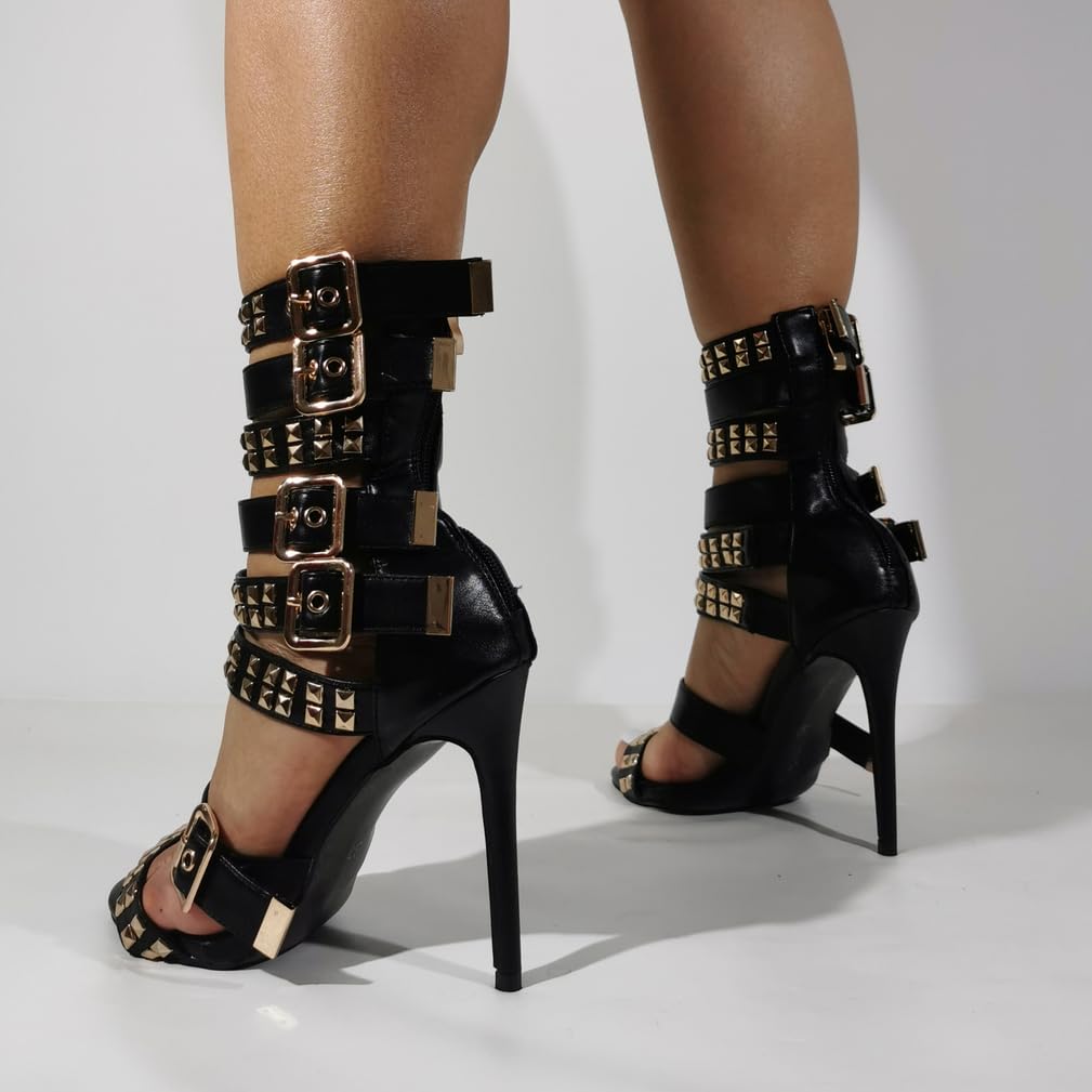 Talons Hauts pour Femme | Sandales Stiletto Noires esthétiques Y2K, Chaussures de Festival de Musique rétro Gothique et de scène de Concert, Tailles étendues