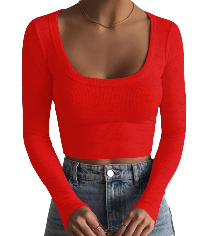Artfish Women's Square Neck Long Sleeve Ribbed Slim Fitted Casual Basic Crop Top