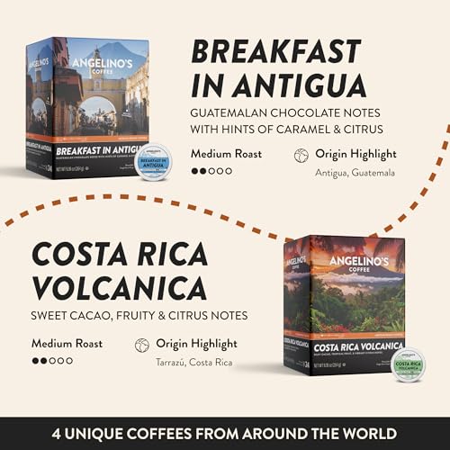 Image of Angelino's Coffee Reserve Variety Pack, 24 Count - 4 Premium Single-Origin Blends, K Cup Compatible for Keurig - Italian Roast, Mad Professor, Breakfast in Antigua & Costa Rica Volcanica
