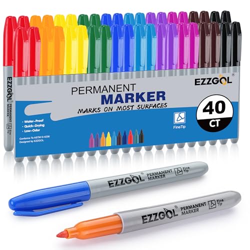 Ezzgol Permanent Markers Bulk, 40 Pack, 10 Assorted Colors,Multicolor Fine Tip Marker,Waterproof, Quick Drying On Paper,Metal,Wood,Plastic For School,Office,Home