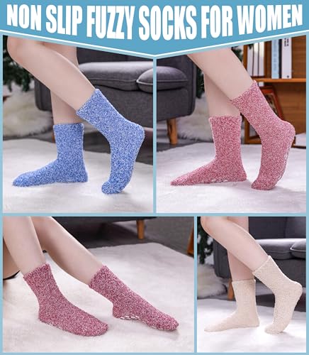 Image of Yebing Non Slip Hospital Socks for Women with Grips Fuzzy Cozy Anti Skid Slipper Socks Winter Warm Soft Fluffy Sleep Socks