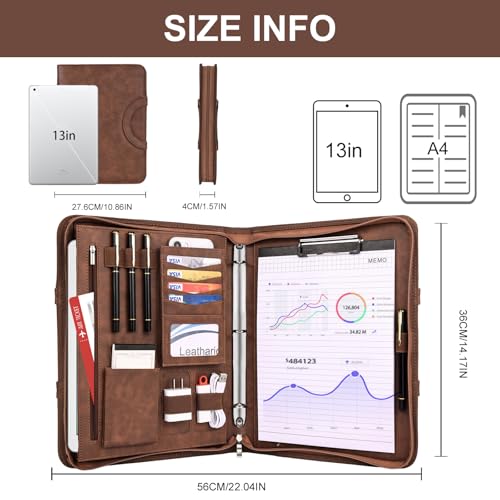 Image of Leathario Portfolio Binder, Includes 5 Folder Index Dividers, 13 Inch Tablets Organizer with Handle, Vegan Leather A4 Padfolio, Multi-Pocket Notepad Business Planner Professional Document