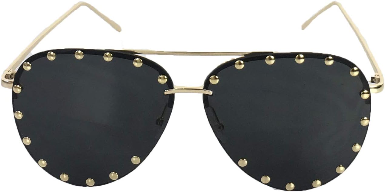 Blue Island Fashion Culture Affair Studded Sunglasses, Unisex Oversized Aviator Eyewear for Men & Women, Black Frame