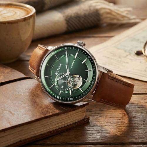 Image of Titan Orbital Open Heart Automatic Analog with Green Dial Brown Leather Strap Watch for Men - 90226SL01