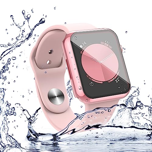 Image of Misxi [2 Pack] for Apple Watch SE 3 (2025) SE 2 SE Series 6 Series 5 Series 4 44mm Waterproof Case with Button, Tempered Glass Screen Protector Cover for iWatch, 1 Rose Pink + 1 Transparent