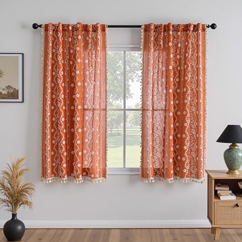 Image of MYSKY HOME Terracotta Boho Floral Linen Curtains 63 Inch Long for Bedroom | Burnt Orange Vintage Farmhouse Curtains for Dining Room Light Filtering Drapes with Tassels Back Tab, 50 inch Wide, 2 Panels