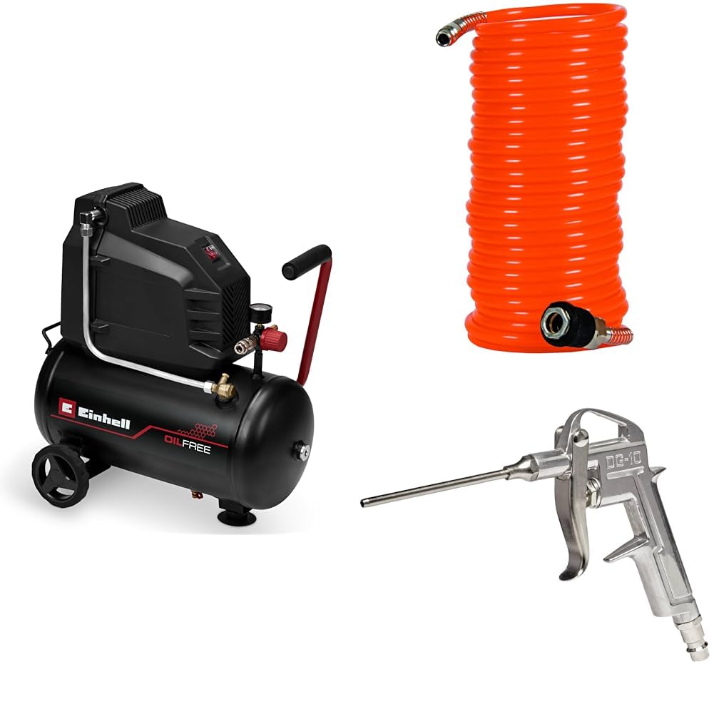 Einhell TC-AC 190/24/8 I OF, Kompresör (Yağsız) + Spiral Hortum 6mm, 8 m + Hava Tabancası- Uzun