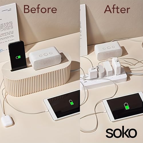 Image of Soko Cable Management Box with Mobile Stand | Cords Hider & Surge Protector | Concealer for Power Strips, Router, TV, Gadget Wires Storage Organizer Tray for Desk, Table - Home, Office - Beige