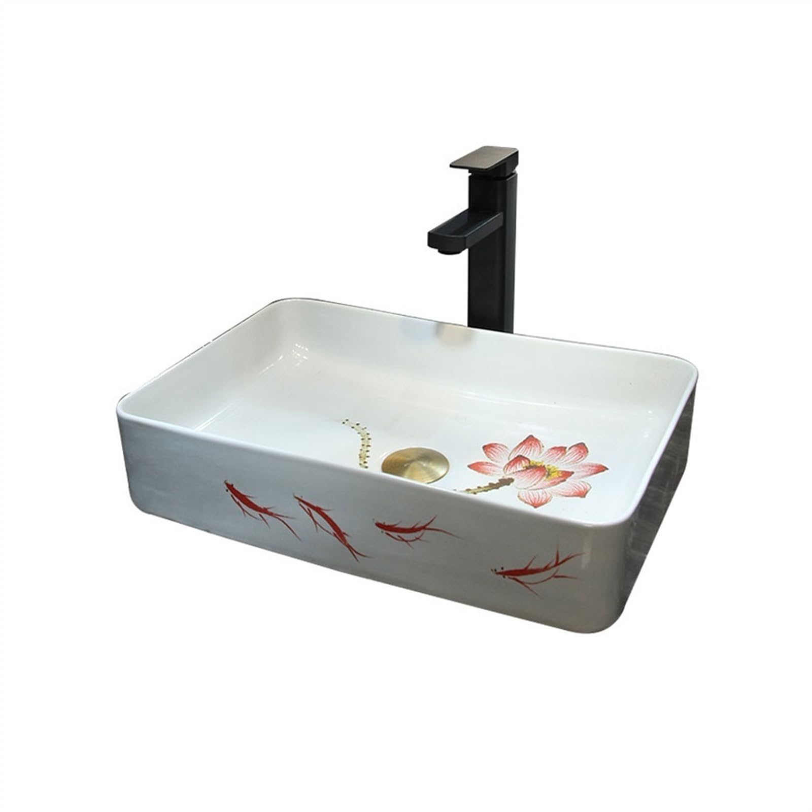 Sink Bowl Vintage Square Hand-Painted Lotus Fish Washbasin Fine Bathroom Sink Household Countertop Basin Art Basin