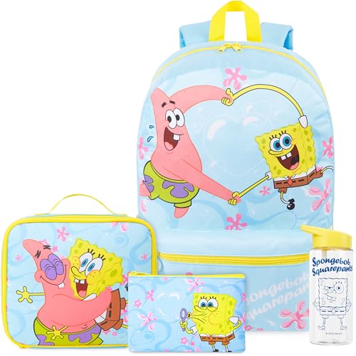 Get Trend Bob Esponja Mochila Escolar Set, 4 Piezas con Mochila Niña, 500ml Botella Agua Sin BPA, Estuche Escolar y Bolsa Isotermica (Azul/Amarillo Spongebob)
