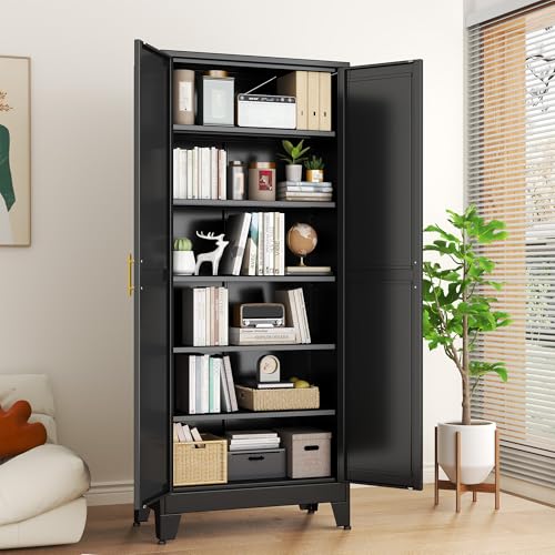 Image of Black Metal Storage Cabinet,75 inch Steel Cabinets for Home Office | Kitchen Pantry Storage Cabinet with Doors and 5 Adjustable Shelves, Tool Cabinets, for Office, Home, Garage, School