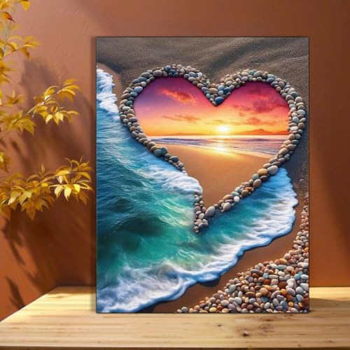 Tableau vagues de l'océan au coucher du soleil cœur pour une ambiance romantique