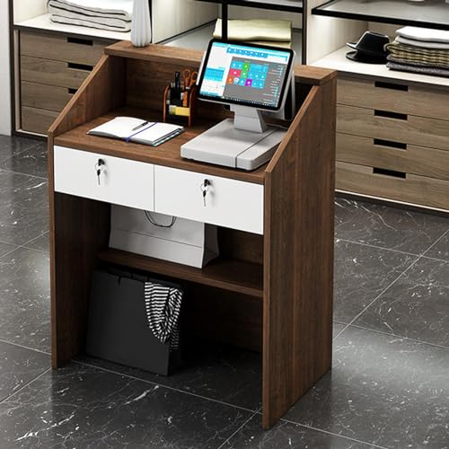 Moderno mostrador de recepción con cajón con cerradura y estante abierto para salón y tienda de ropa, muebles de oficina comercial (marrón, 60 x 38 x 92 cm)