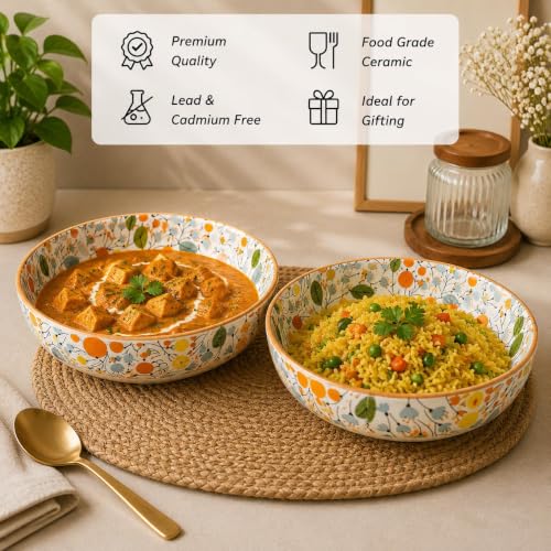 Image of Niyara Stoneware Handmade Ceramic Stylish Premium Serving Bowls /Salad Tray Microwave Dishwasher Safe (Premium Orange Floral Print Bowl Set of 2)