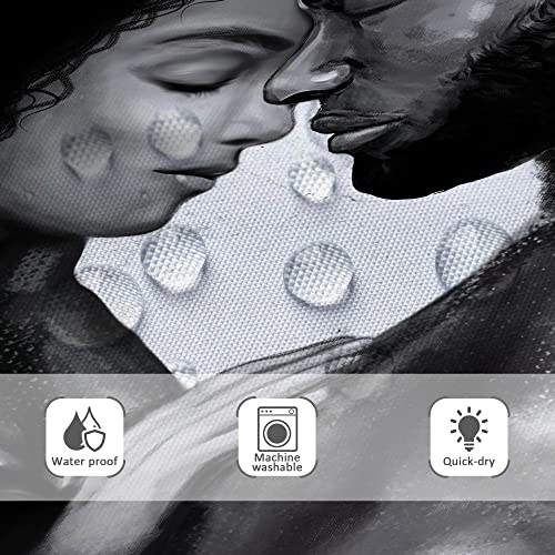 Image of Riyidecor African American Shower Curtain Black King and Queen Afro Romantic Couple Man Woman 60Wx72H Inch Vintage Positive Inspirational Quote Fabric Decor Bathroom Polyester Waterproof Hooks