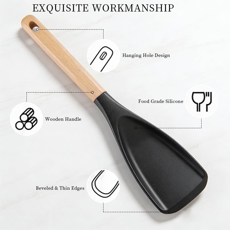 Miniatura 3 de Paquete de 2 cucharas de espátula de silicona con mango de madera, cuchara de cocina multifunción de cedro con cabeza resistente al calor, segura