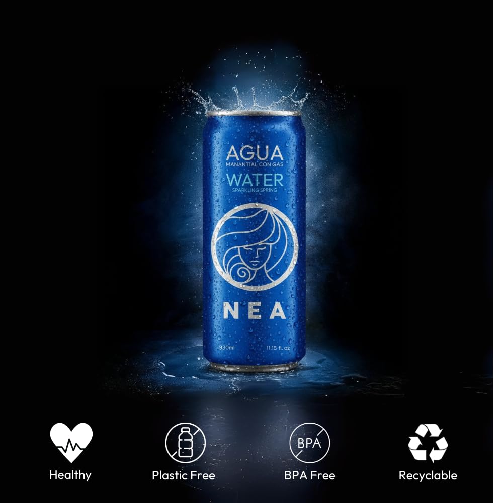 NEA Acqua Frizzante in Lattina di Alluminio Riciclabile - Acqua Minerale Effervescente di Sorgente Alpina - Pack 24 Lattine 33cl - Senza Plastica BPA Free - Bollicine Fini