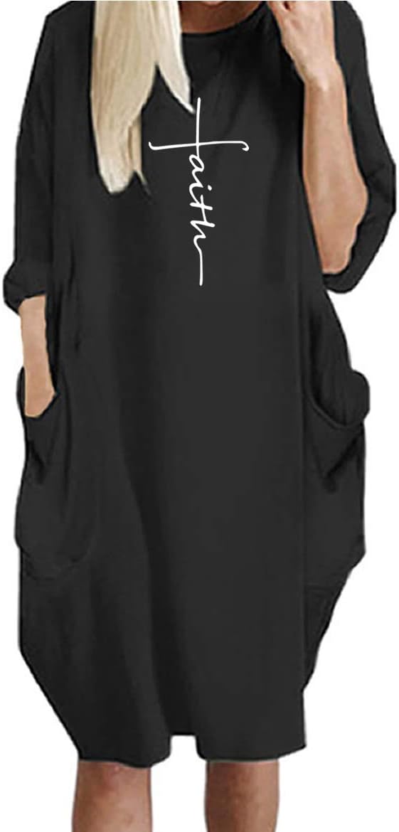 Dress For Women Faith Print Causal Loose With Pockets