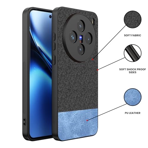 Image of Kapa Soft Fabric & Leather Hybrid Protective Back Cover for Vivo X200 (5G) | Shockproof Slim Hard Anti Slip Back Case (Black,Blue)