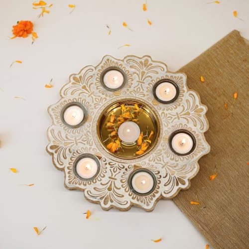 Image of BEHOMA Wooden Urli Bowl with 6 Tea Lights, Rustic White, 12 inch | Rustic white wooden mandala urli with 6 tea lights; perfect Diwali, rangoli & festive centerpiece.