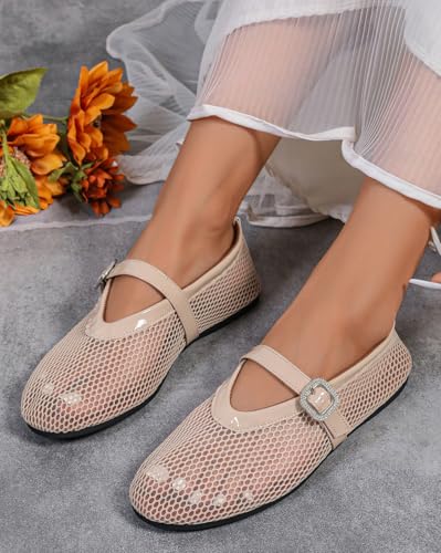 Mesh Ballet Flats for Women Buckle Strap Comfy Round Toe Fishnet Ballerina Flat Shoes Mary Jane Flats Causal Daily Dress Shoes4