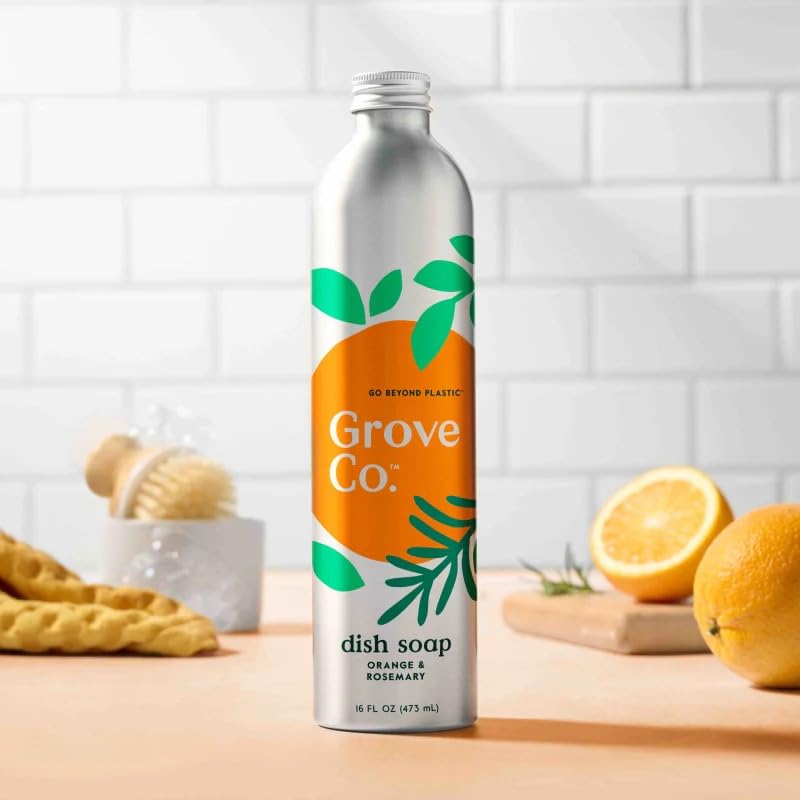 Image of Grove Co. Ultimate Dish Soap Refills (16 Fl Oz) Removes 48-hr Stuck-on Food and Grease,Plastic Free Cleaning Products,100% Natural Orange & Rosemary Fragrance