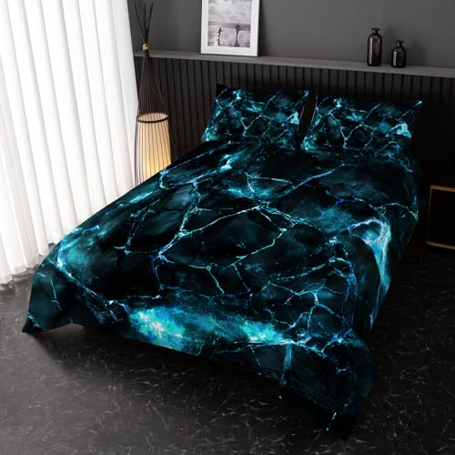 Image of Nttopship Blue Comforter Set King Size,Blue Marble Bedding Set 3 Pcs Bedding for Adults, Marble Room Decor with Comforter and 2 Pillowcases Soft and Lightweight B-Side Black