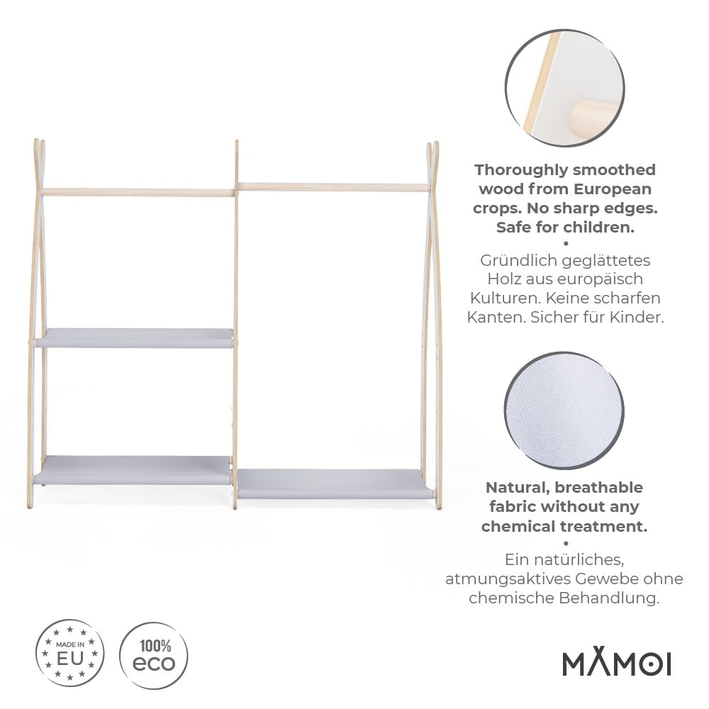 MAMOI® Armadio per Bambini in Legno 95x106x32cm / 53x95x32cm | Appendiabiti bambini da terra | Porta abiti | Guarderoba bambini per la cameretta | Armadio | 100% ECO | Prodotto nell'UE