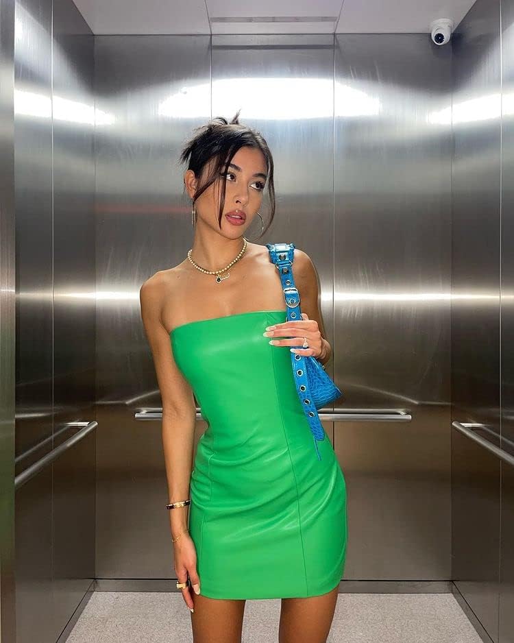 XLLAIS Women Sexy Off Shoulder Faux Leather Strapless Tube Top Mini Dress Bodycon Party Clubwear Dress - Image 2