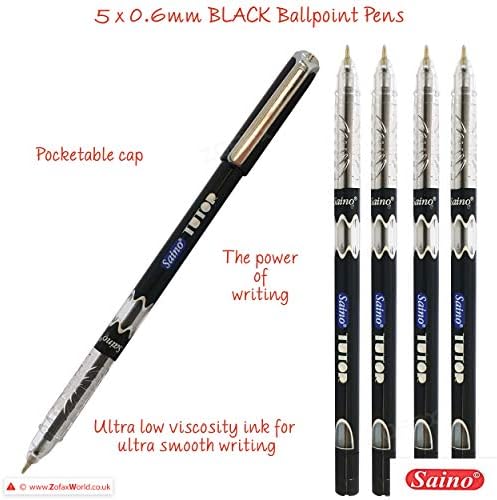 SAINO 5 x 0.6mm Fine Tip Ball Pens Tutor BLACK Ballpoint Pens Ultra Smooth Soft