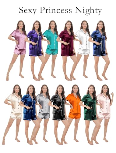Image of Silk Pajamas for Women Satin Womens PJ Set 2 Piece Short Lounge Set Summer Sleepwear Notch Collar Button-Down Pjs