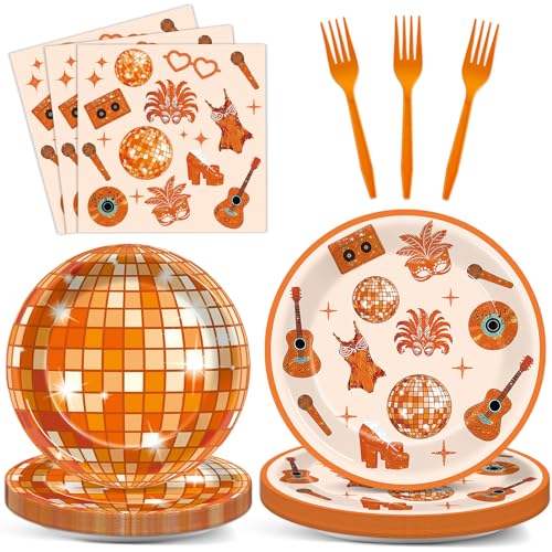 96PCS Singer Disco Ball Party Paper Plates and Napkins for Orange Music Themed Birthday Disposable Dessert Plates Disposable Tableware for 24 Guests Music Lover Birthday Gatherings Decorations