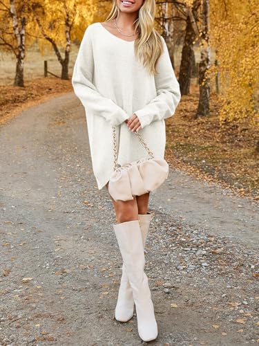 Image of Saodimallsu Womens Oversized Sweater Dress Fall V Neck Ribbed Knit Long Sleeve Casual Loose Mini Pullover Dresses
