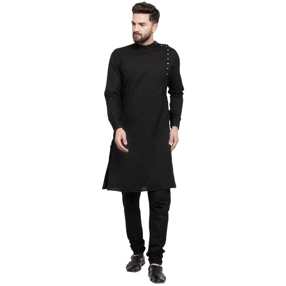 TreemodaDesigner Black Linen Kurta With Black Churidar Pyjama For Men