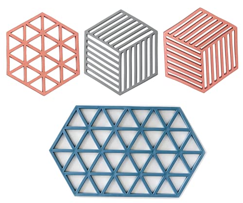 pepplo Trivet Mats,4 Pack Silicone Table Mats Heat Resistant Hot Pans Non-Slip Pot Holders Placemat for Bowl Dishes Kitchen Cooking Dining – Large Triangle & Line Mix