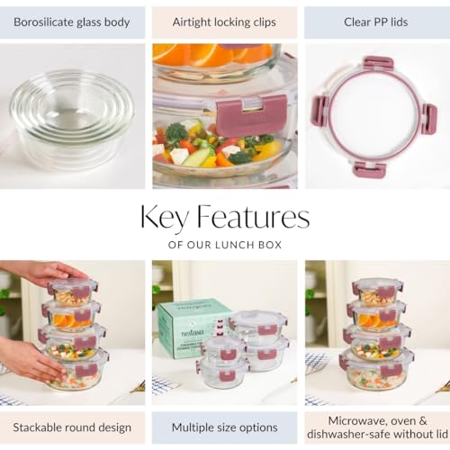 Image of Nestasia Nestro Airtight Glass Containers with Lid Set of 4 (215ml, 400ml, 600ml, 950ml) | Spill Proof Round Glass Containers with Break Free Lock - Microwave, Dishwasher & Freezer Safe (Mauve)