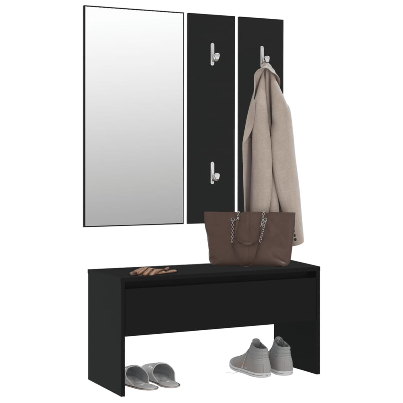 Gecheer Set aus schwarzen Flurmöbeln aus Holz, mehrschichtig, Eingangsmöbel, Eingangsmöbel mit Spiegel, Schuhschrank und Kleiderbügel, moderne Eingangsmöbel mit Spiegel